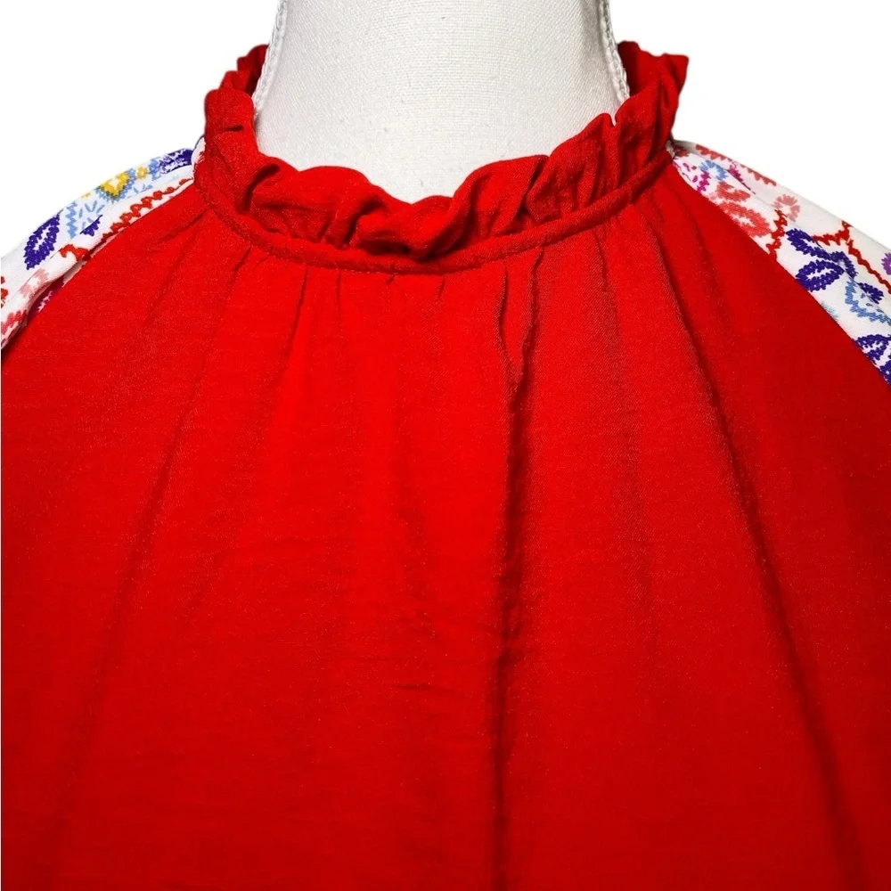 Haptics Red Women's Top with Multicolor Sleeves - Picture 4 of 12